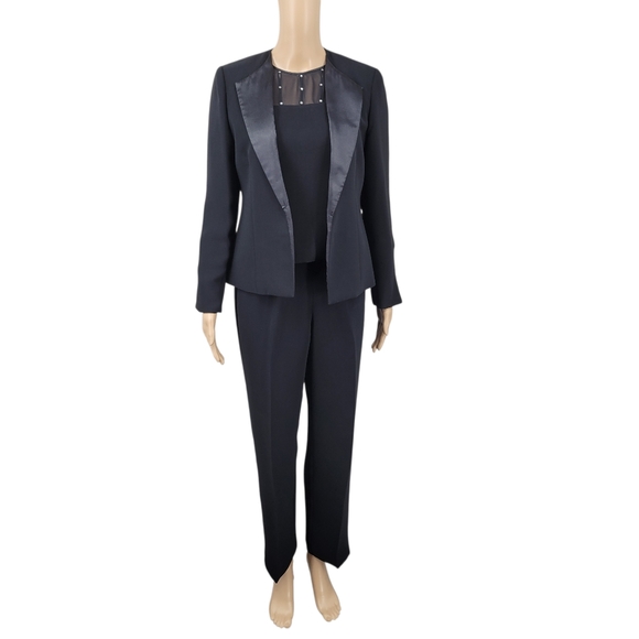 Jessica Howard Black Satin Trim Blazer Pantsuit 3 Piece Blousr Pants Jacket - Picture 3 of 16